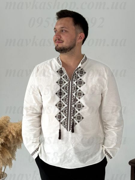 Біла чоловіча вишиванка &laquo;Темна мозаїка&raquo; з темно-коричневим орнаментом 9005-БТКР-01 фото