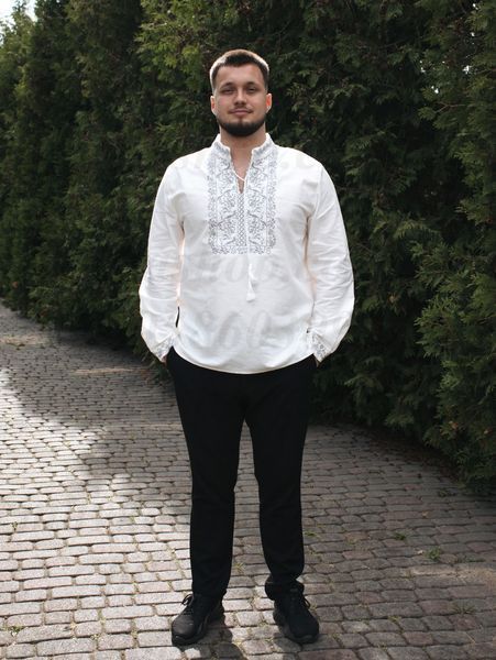 Чоловіча біла вишиванка &laquo;Дерево роду&raquo; з сірим орнаментом 9198-БСР-01 фото