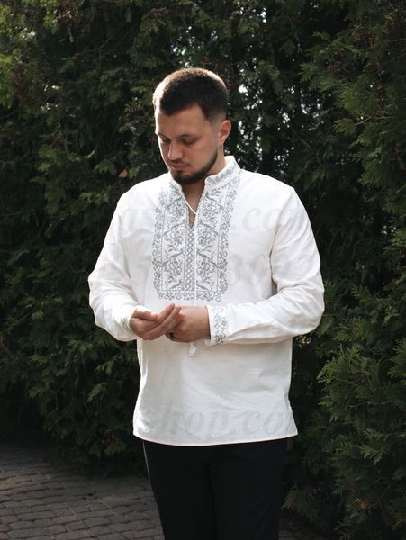 Чоловіча біла вишиванка &laquo;Дерево роду&raquo; з сірим орнаментом 9198-БСР-01 фото