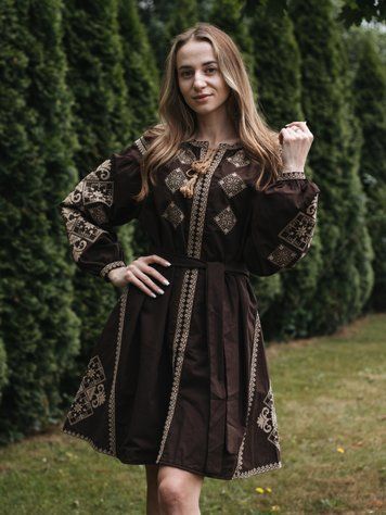 Коричнева жіноча сукня-вишиванка &laquo;Шоколадна мозаїка&raquo; з бежевою вишивкою 7528-КОР-01 фото