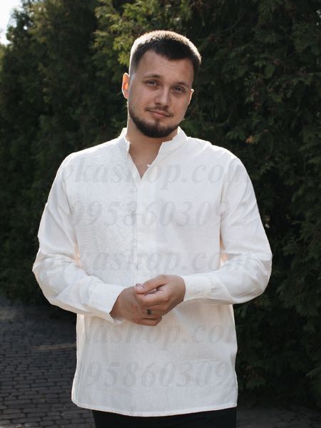 Чоловіча вишиванка "Вічність орнаменту" біла з білою вишивкою B005-ББ-01 фото
