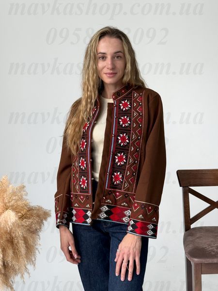 Жіночий коричневий вишитий піджак &laquo;Червона рута&raquo; з ефектом кашеміру 5569-КОР-01 фото