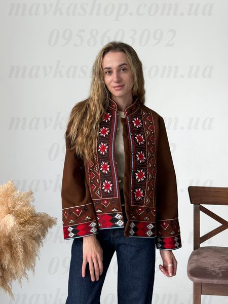 Жіночий коричневий вишитий піджак &laquo;Червона рута&raquo; з ефектом кашеміру 5569-КОР-01 фото