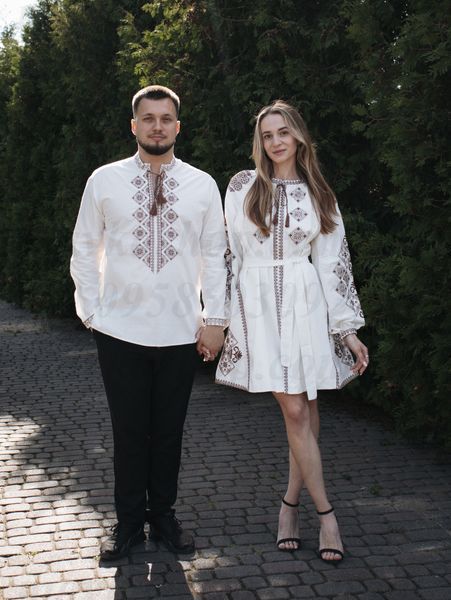 Парні вишиванки &laquo;Кавова мозаїка&raquo; &mdash; білий сімейний комплект 9005-БКР+7528-БКОР фото
