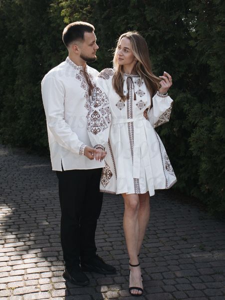 Парні вишиванки &laquo;Кавова мозаїка&raquo; &mdash; білий сімейний комплект 9005-БКР+7528-БКОР фото