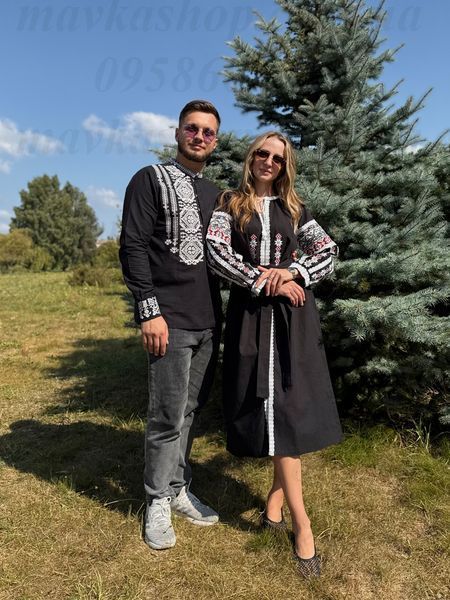 Вишиванка чоловіча "Вічність орнаменту" і сукня "Карпатська елегія" B005-ЧБ+5623-Ч фото