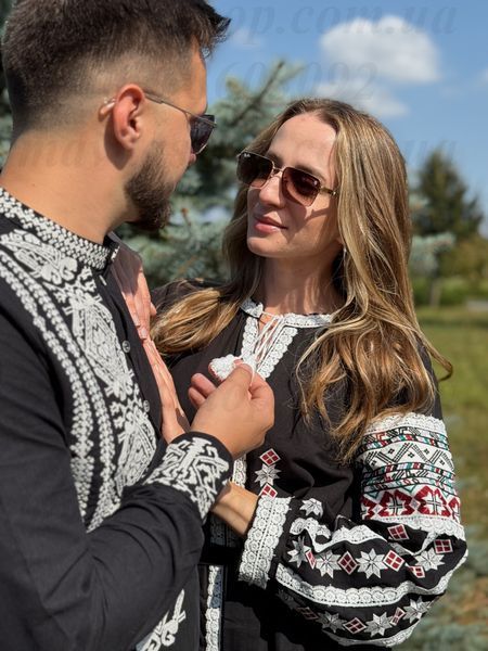 Вишиванка чоловіча "Вічність орнаменту" і сукня "Карпатська елегія" B005-ЧБ+5623-Ч фото