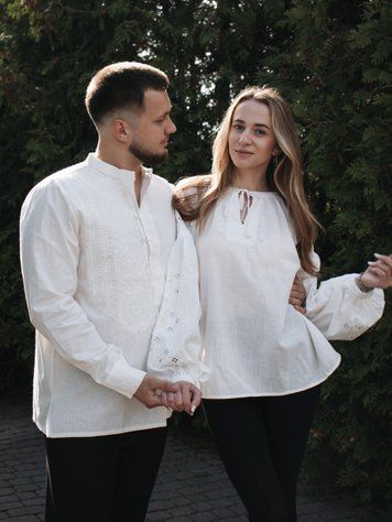 Парні вишиванки &laquo;Мереживо світла і Вічність орнаменту&raquo; &ndash; білий комплект з вишивкою в тон B005-ББ+1797-ББ фото
