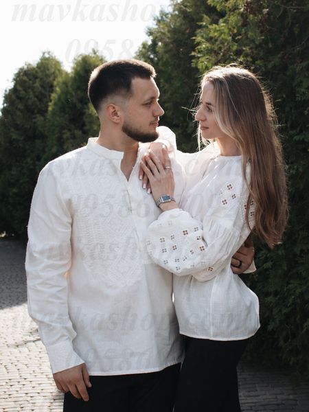 Парні вишиванки &laquo;Мереживо світла і Вічність орнаменту&raquo; &ndash; білий комплект з вишивкою в тон B005-ББ+1797-ББ фото