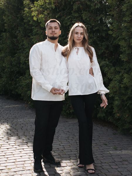 Парні вишиванки &laquo;Мереживо світла і Вічність орнаменту&raquo; &ndash; білий комплект з вишивкою в тон B005-ББ+1797-ББ фото