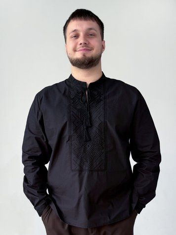 Чоловіча чорна вишиванка &laquo;Слобожанка&raquo; з геометричним орнаментом чорним по чорному 9094-ЧЧ-01 фото