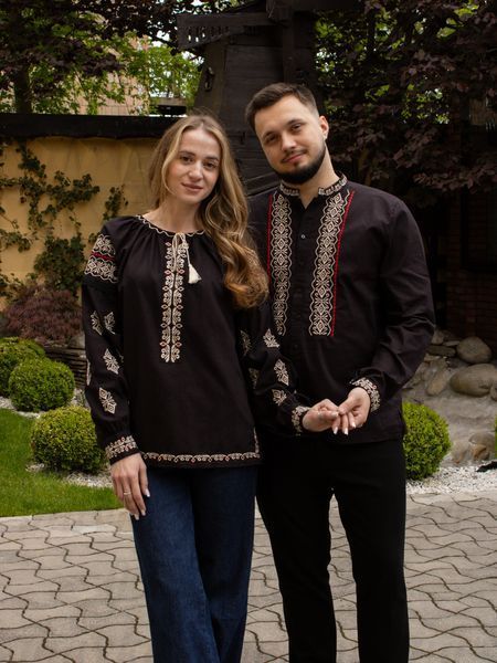 Парні чорні вишиванки &laquo;Подільська велич&raquo; з кремово-червоною вишивкою 9199-Ч+1799-Ч фото